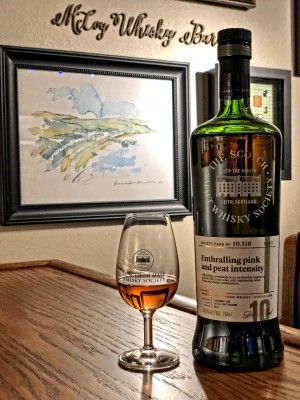 Bunnahabhain SMWS 10.118 (10 year - Dec. 2006) - "Enthralling pink and peat intensity" - First-fill port barrique finished for 1 year after 9 years in an ex-bourbon hogshead - 60.6% ABV