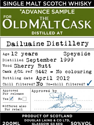 Dailuaine Advance Sample for OMC 1999-2012 12 Year Old Cask #8442