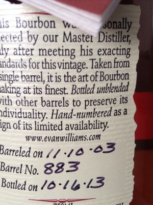 Evan Williams 2003 Single Barrel No. 883