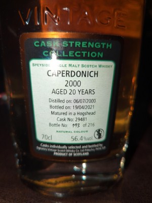 Signatory  Caperdonich 2000 Aged 20 Years / Hogshead Cask No. 29481 / Distilled 06/07/2000 / Bottled 19/04/2021 / Bottle 193 of 216 / ABV 56.4% / 70cl