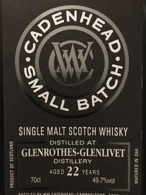 Cadenhead Glenrothes-Glenlivet 22 Year Old Single Malt 3 x Bourbon Hogsheads 49.7 % abv. 1996