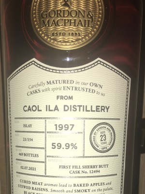 Caol Ila 1997 Gordon & MacPhail 23 YO Connoisseurs Choice, First Fill Sherry Butt, Cask No. 12494, Bottled 02.07.2021 Cask Strength, 469 Bottles 59.9% abv.