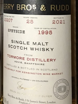 Berry Bros. & Rudd 1995 Tormore 25 YO Single Malt, bottled in 2021 for KWM, Cask Strength, Un-chill-filtered, Un-coloured  50% abv. 